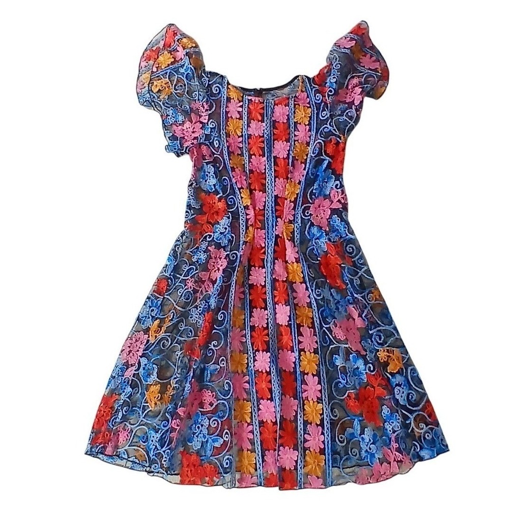 Floral Embroidered Lace Mesh Midi Dress Whimsical Fairycore Cottagecore - Picture 1 of 12